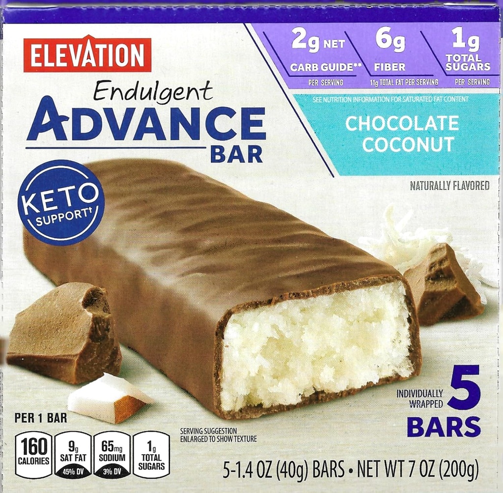 Millville Elevation Advance Chocolate Coconut Bares, Carb Conscious, 5g de proteína, com receitas. Uma caixa de 5 barras, 1.4 onças individualmente enroladas. Pacote inclui 2 receitas, 5 barras.