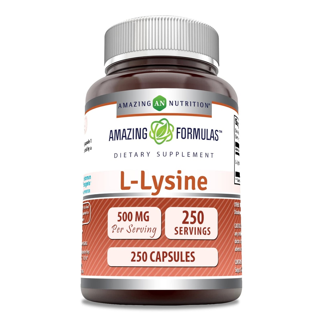 Fórmulas surpreendentes L-Lysine 500 Mg Amino Acid Supplement . Cápsulas . Não-GMO .Gluten-Free .