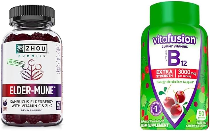 ZHOU Nutrition Elderberry Gummies Imune Support Bundle with Vitafusion Vitamina B12 Gummies Energy Metabolismo Support, 60 e 90 Contagem