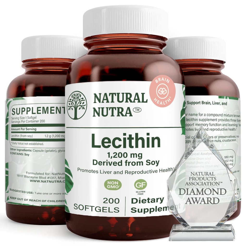 Natural Nutra Soy Lecitina 1200 mg Suplemento dietético - Função cerebral, saúde do fígado, melhorar a saúde procreant, aumentar o suplemento - sem glúten, BPA-livre, 200 Softgels em garrafas de vidro recicláveis