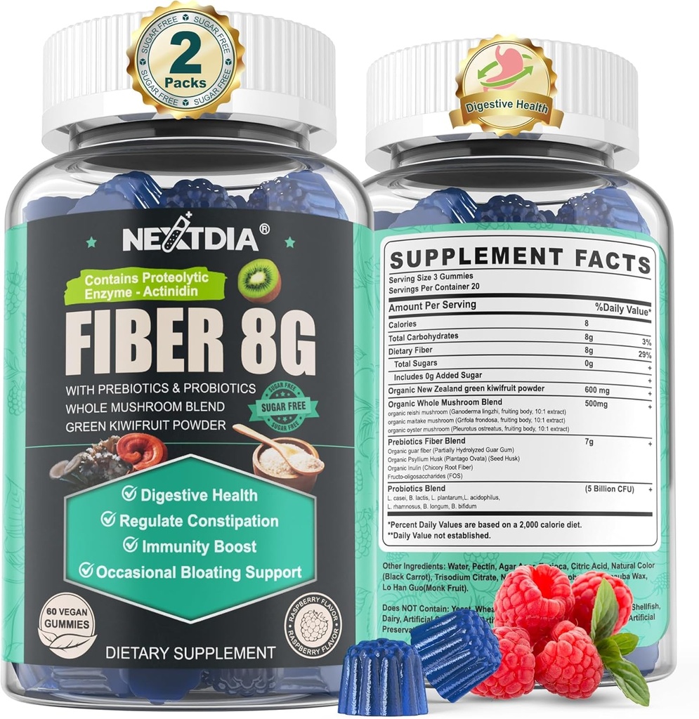 Suplemento de fibra de prebiótico livre de açúcar para mulheres e homens 8G chicletes de alta fibra com cogumelos, Psyllium Husk, Enzimas Digestivas, Guar Gum, Inulin para apoiar gut & Digestive Health