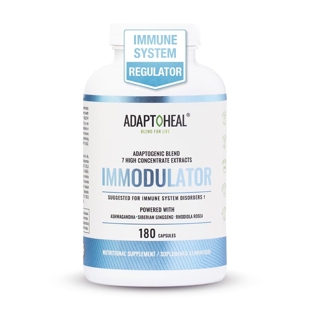 Immodulador ADAPTOHEAL - Suplemento Adaptogênico para Bem-Estar, com Ginseng, Ashwagandha, Cogumelo Reishi - Suporta resposta ao estresse, equilíbrio de humor e função do sistema imunológico (180 Cápsulas/700 mg)