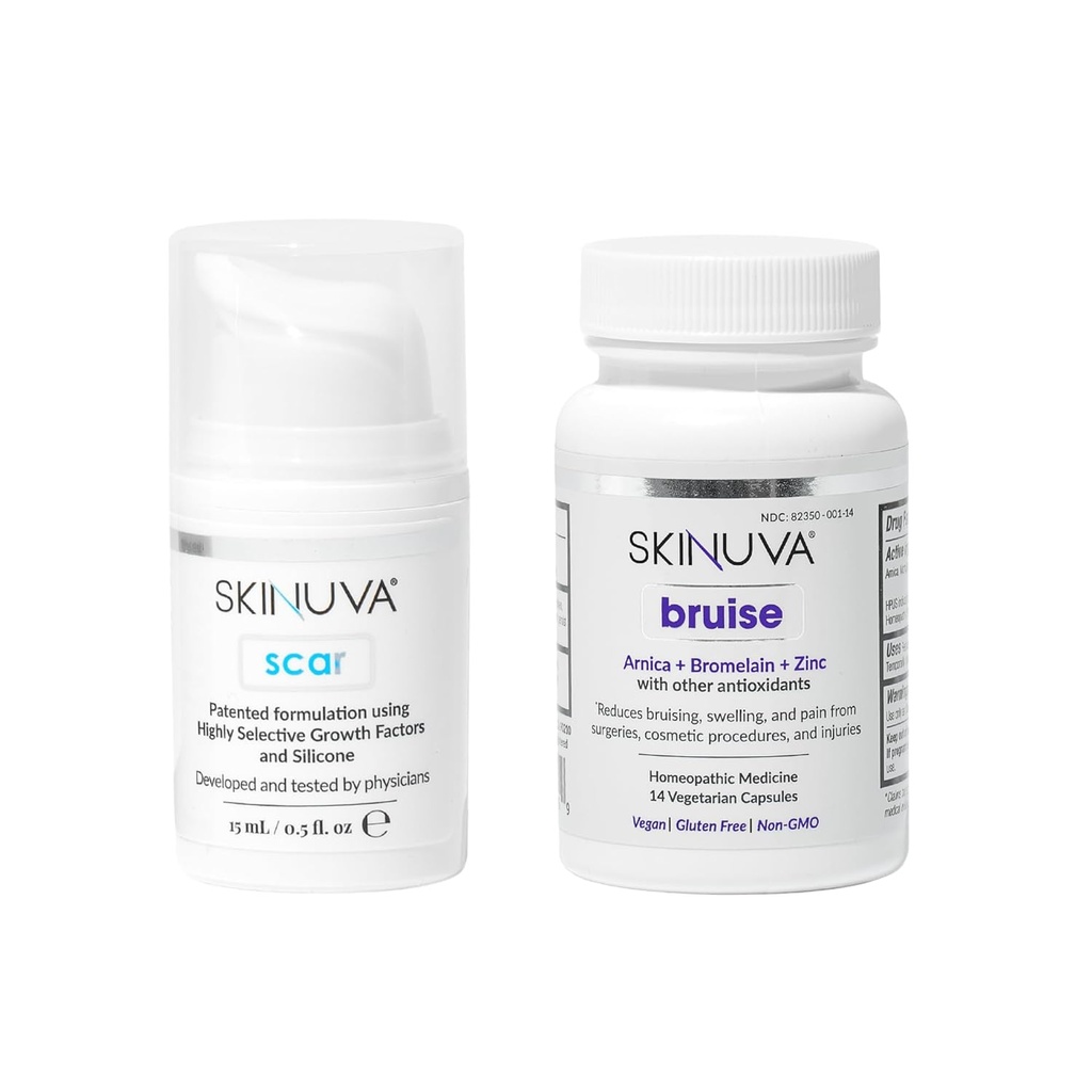 Skinuva® Scar (0,5 oz) & Bruise (14 cápsulas) - Creme de Silicone Avançado Formulado com Fatores de Crescimento e Remédio de Bruise Homeopático Formulado com Arnica, Bromelaína e Zinco