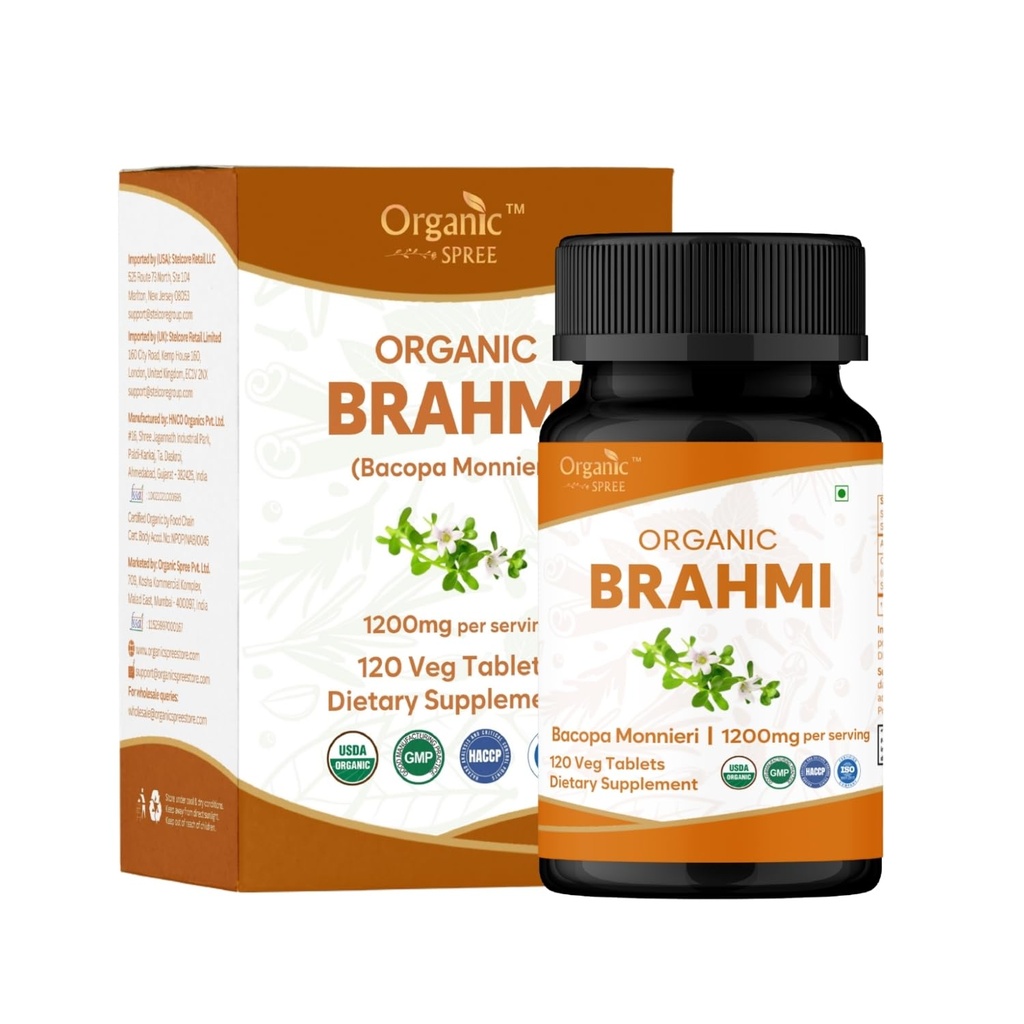 Brahmi 120 comprimidos – USDA Organic Bacopa Monnieri Supplement – Suporta Foco, Calmo & Memória – Nootrópicos ervas*