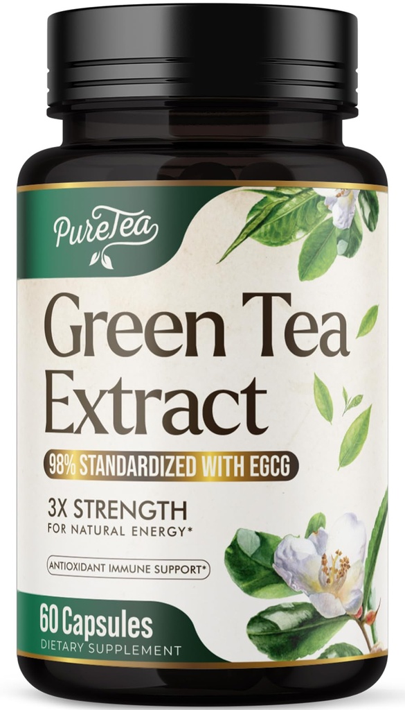 Cápsulas Green Tea Extract 1000mg com 45% EGCG e 98% Polifenóis para apoio cardíaco com antioxidantes - 3X Absorção Green Tea Pills Supplement for Natural Energy, Gentle Caffeine - 60 Cápsulas