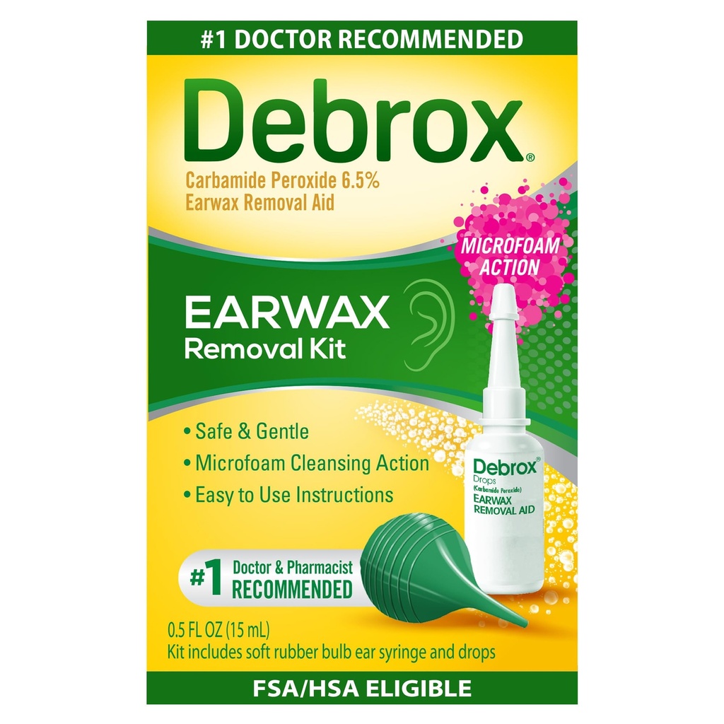 Debrox Ear Wax Removal Kit, Seringa de Lâmpada & 0,5 Fl Oz Ear Wax Removal Drops com Peróxido de carbamida