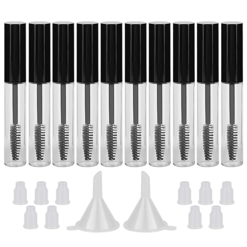 GTHER 10PCS 10ML garrafa de tubo de máscara vazia com vara de cílios, pastilhas de borracha e funis conjunto para óleo de rícino / growth, DIY creme recipiente com tampa, preto