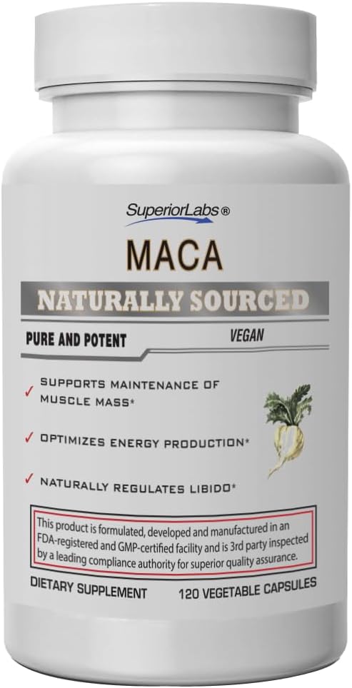 Laboratórios Superiores - Maca Orgânico Peruano - 100% NonGMO Puro - Suplemento Dietário para Relaxamento e Relaxamento - Aditivos Sintéticos Zero, Estearatos, Dióxidos - 750mg, 120 Cápsulas Vegetais