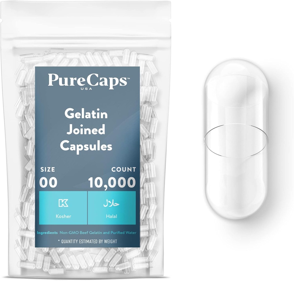 PureCaps EUA - Cápsulas de Gelatina Esvaziadas Tamanho 10000 Pills Integrados Clear ou Não-GMO Certified - SLS, Gluten, Preservative Free