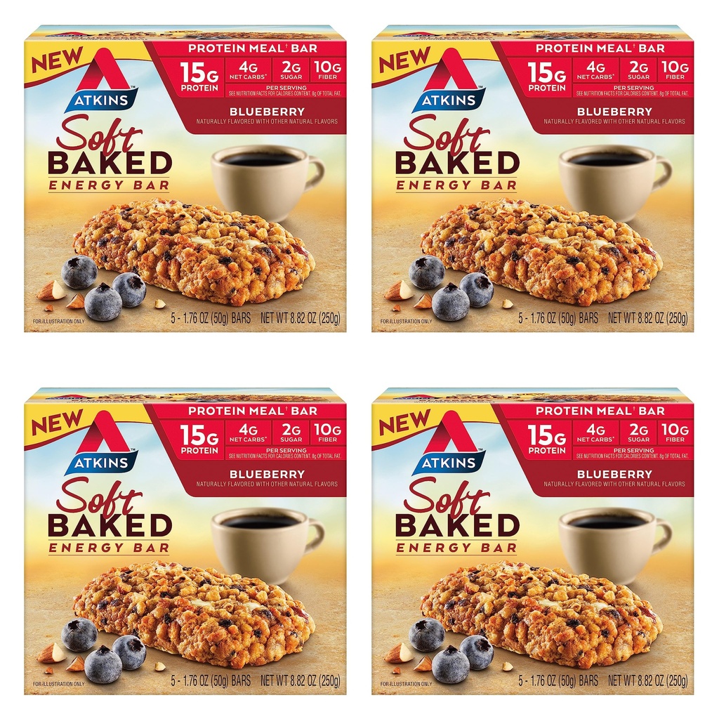Atkins Blueberry saboreado macio barras de energia assada, alta em proteína bar, baixo açúcar, alta fibra lanche, proteína lanche, 4 embalagens (4 bars cada)
