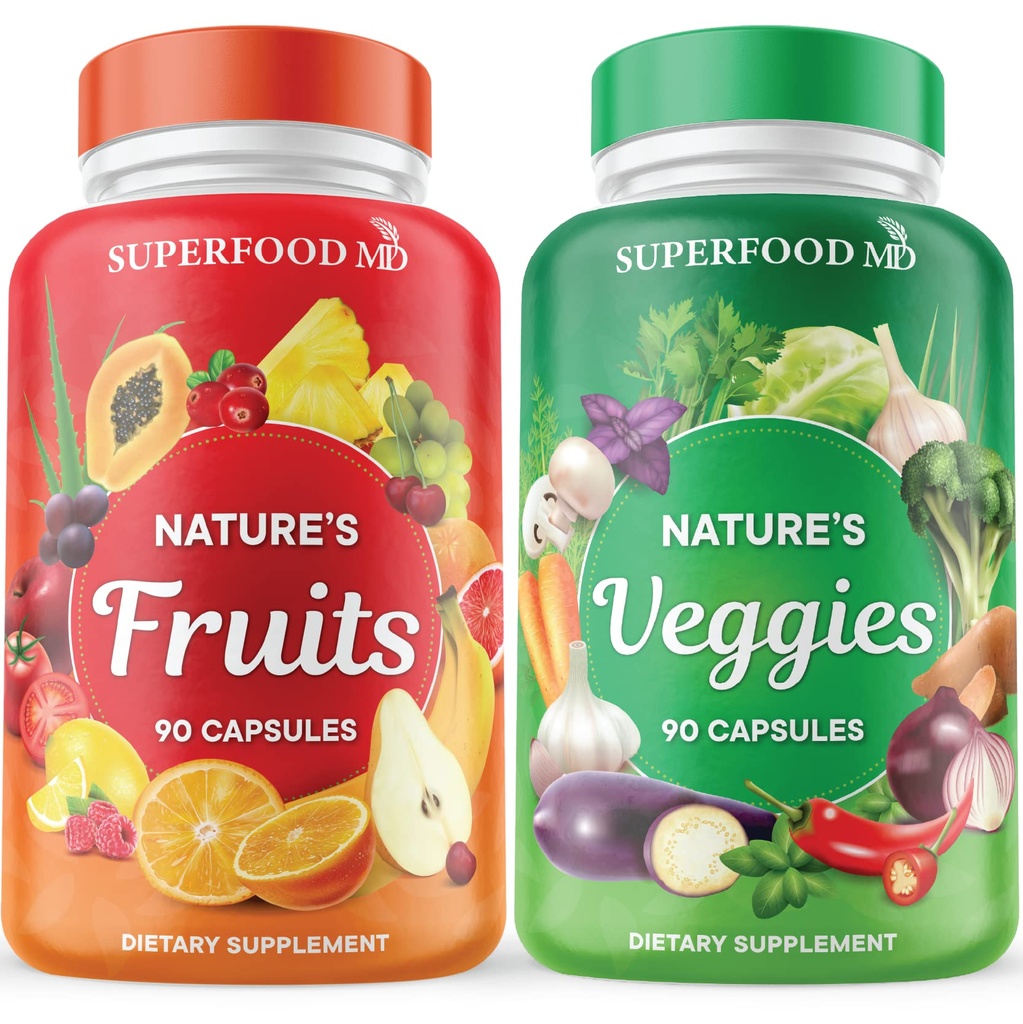 Superalimentos MD Fruits & Veggies Supplement - Alimentos integrais Superalimentos naturais - com Aloe Vera - Soy Free- 90 Count (Pack of 2)
