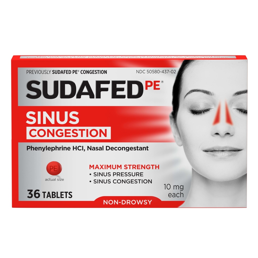 Comprimidos Sudaped PE Sinus Relief Relief, Força Máxima, Não-Drowsy 10 mg de fenilefrina HCI Descongestionante para Pressão do Sinus & Relive Congestionamento nasal, Devido ao frio ou alergias, 36 ct