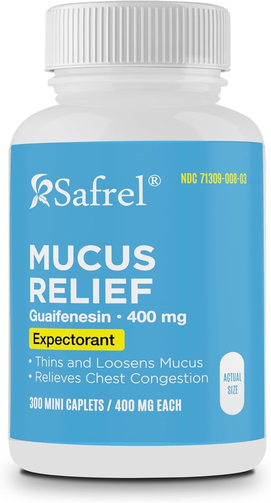 Safrel Pharma Mucus Relief Guaifenesin 400 mg - Expectante de ação rápida, Thins e Loosens Mucus, Alivia o Congestão do Peito, Tosse, Frio e Gripe