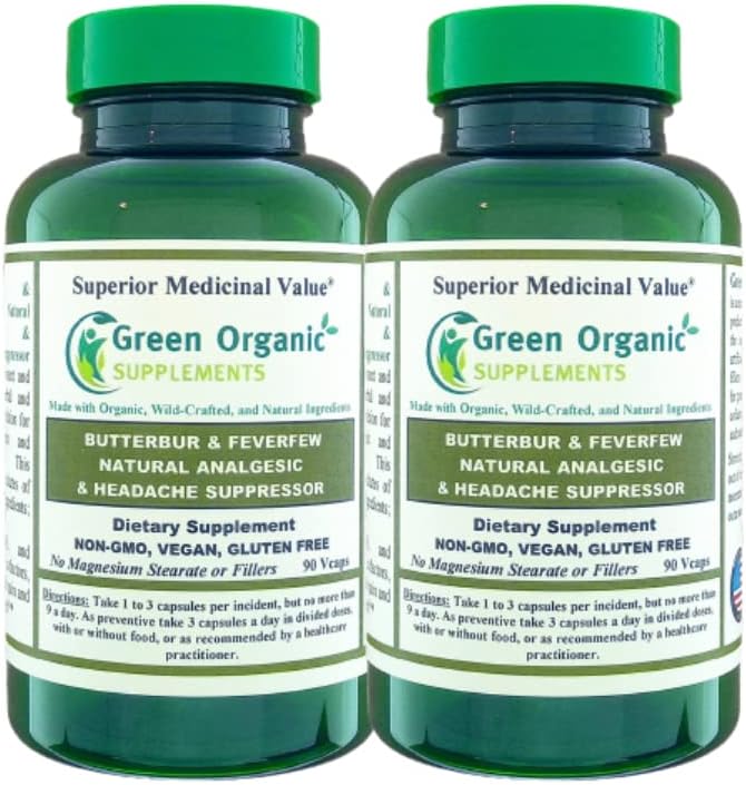 Suplementos Orgânicos Verdes Butterbur, Feverfew, Analgésico, Analgésico, & Supressor de dor de cabeça, 90 VCaps, Alta Absorvível, Não-GMO, Sem Glúten (Pacote de 2)
