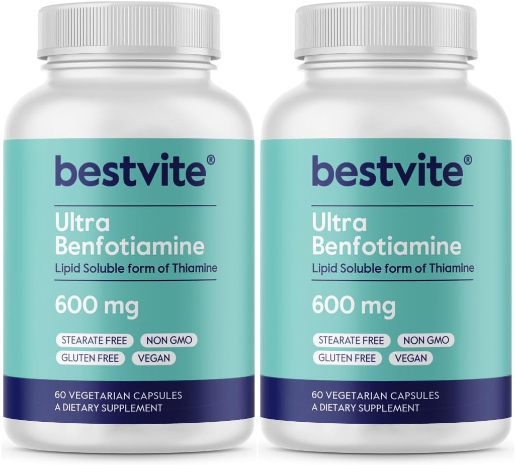 Ultra Benfotiamina 600mg por cápsula (120 Cápsulas Vegetarianas) (60x2) Sem Estearatos - Sem Dióxido de Silício - Vegan - Não OGM - Glúten Livre - Força máxima Benfotiamina