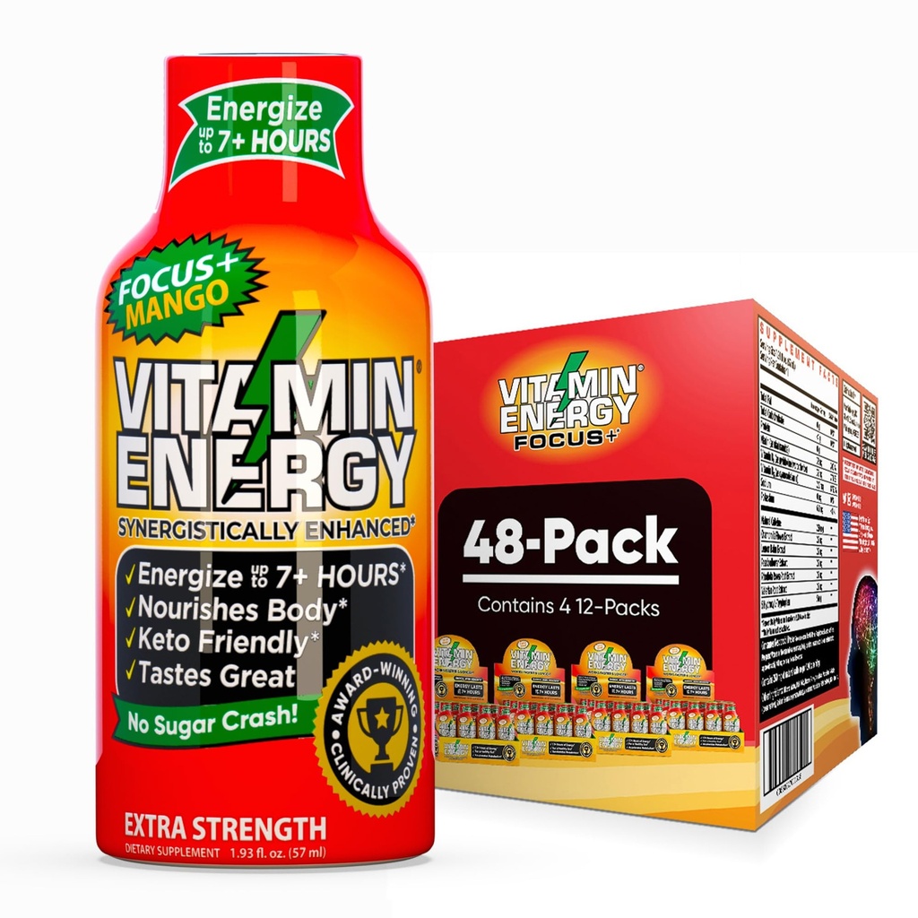 Vitamina Energia Focus+ Energia de força extra Shot Mango 48 Pack, 260mg Cafeína Natural, B-Vitaminas, CoQ10, Aminoácidos, Foco, Produtividade e clareza, Açúcar Zero, Gluten-Free, 1,93 fl oz