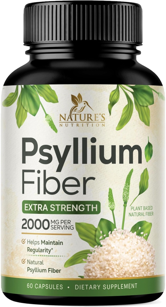 Psyllium Husk Powder Cápsulas 2000mg, Pílulas de fibra solúveis diárias naturais e insolúvel, Suplemento de fibra de Psyllium Husk suporta Digestion Colon Saúde e regularidade, Suplemento baseado em plantas - 60 Cápsulas