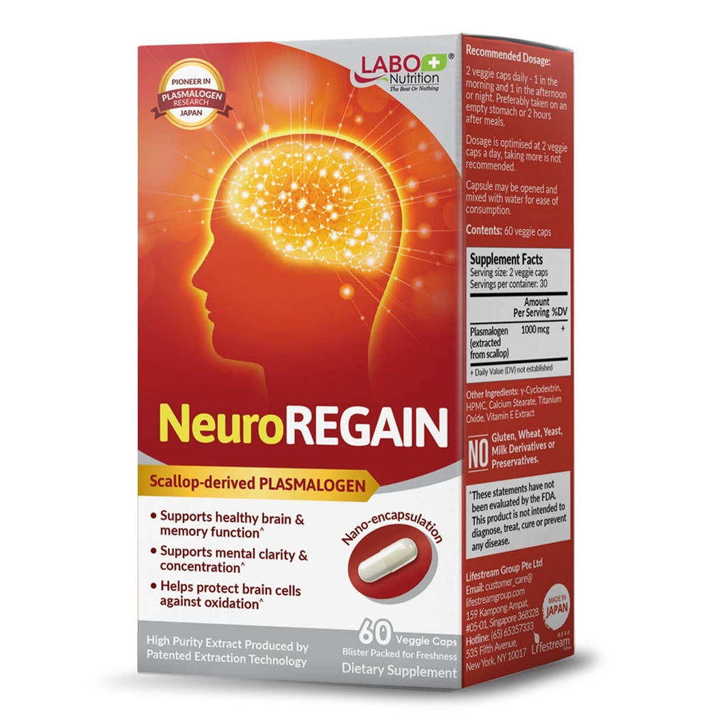 LABO Nutrition NeuroREGAIN - PLASMALOGEN derivado de escallopes para Deterioração do Cérebro, Memória, Alerta, Aprendizagem, Concentração e Outras Funções Cognitivas – Adequado para Idosos, Homens e Mulheres Adultos