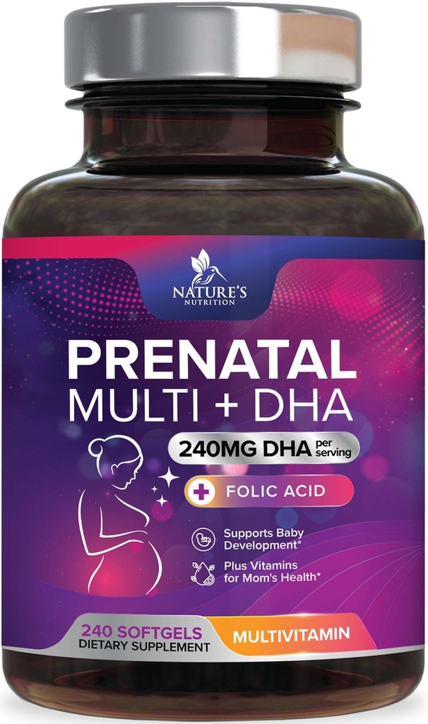 Vitaminas pré-natais com ácido fólico & DHA, apoio ao desenvolvimento do cérebro fetal com folato & Omega 3's, multivitamina pré-natal para mulheres, vitamina A, C, D, B6, B12 & ferro, suplemento de gravidez - 240 Softgels