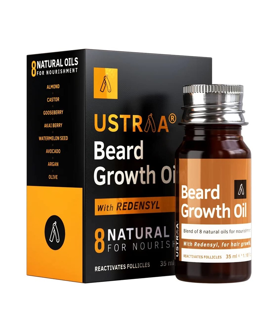 Óleo de crescimento de barba USTRAA - 1.18 Oz - Mais crescimento de barba, com Redensyl, 8 óleos naturais, incluindo óleo de Jojoba, vitamina E, nutrição e fortalecimento, sem químicos nocivos