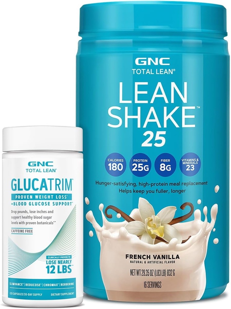 GNC Total Lean GlucaTrim - 120 Cápsulas (60 Servings) + GNC Total Lean ; Lean Shake 25 Protein Powder ; Alta Protein Replacement Shake ; Baunilha Francesa ; 16 Servings