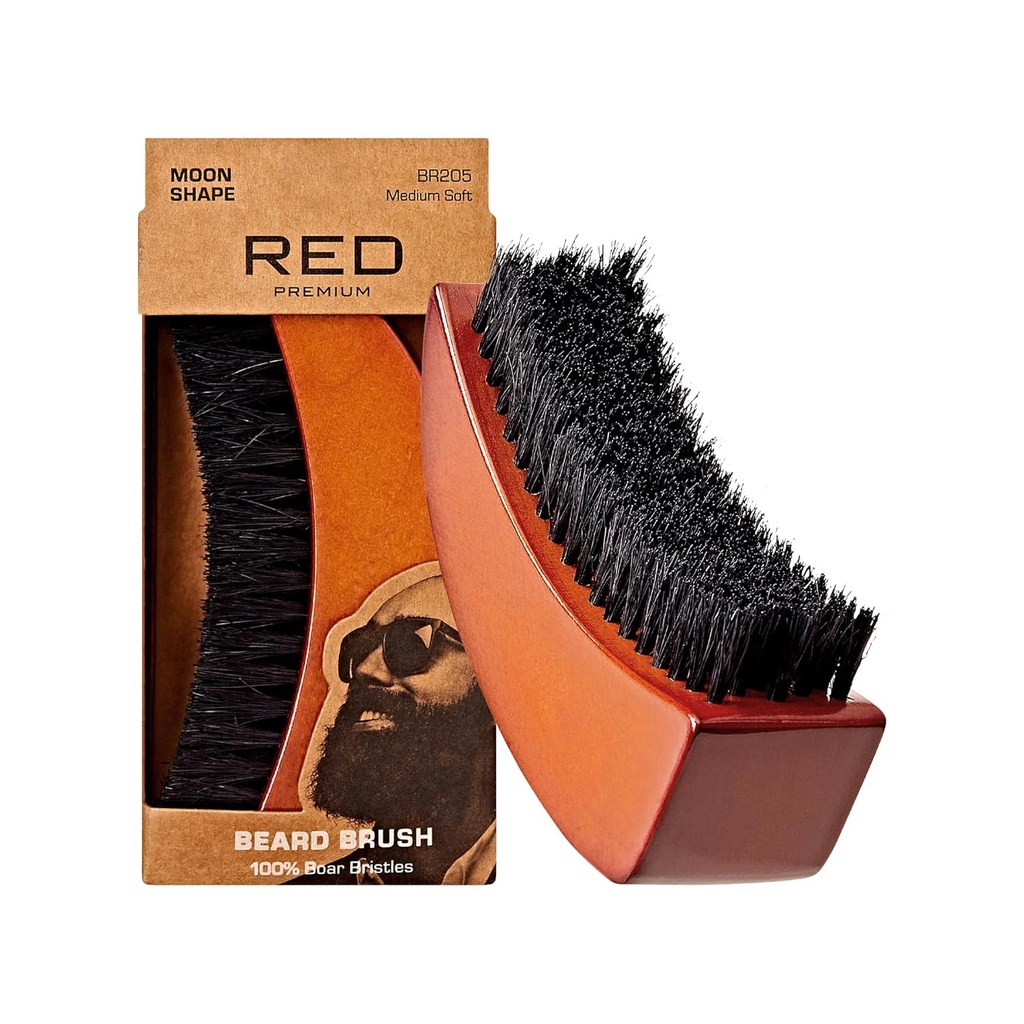 RED by Kiss Beard Brush com 100% natural javali Bristles para homens, escova de madeira Premium, bigodes Barbear Barbear Comb, Tame e suave cabelo facial (forma de lua)