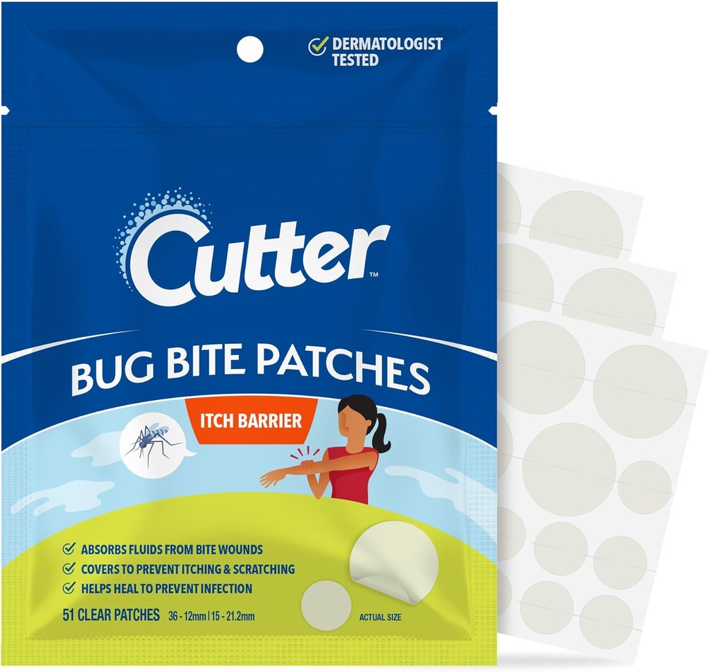 Cutter Bug Bite Patches Itch Relief Hydrocolloid Patches para Crianças e Adultos, Absorve Fluidos, Ajuda a Curar, Previne Raspar, Mosquito Itch Relief, Hydrocortisona & Suction Tool Alternativa, 51 Contagem