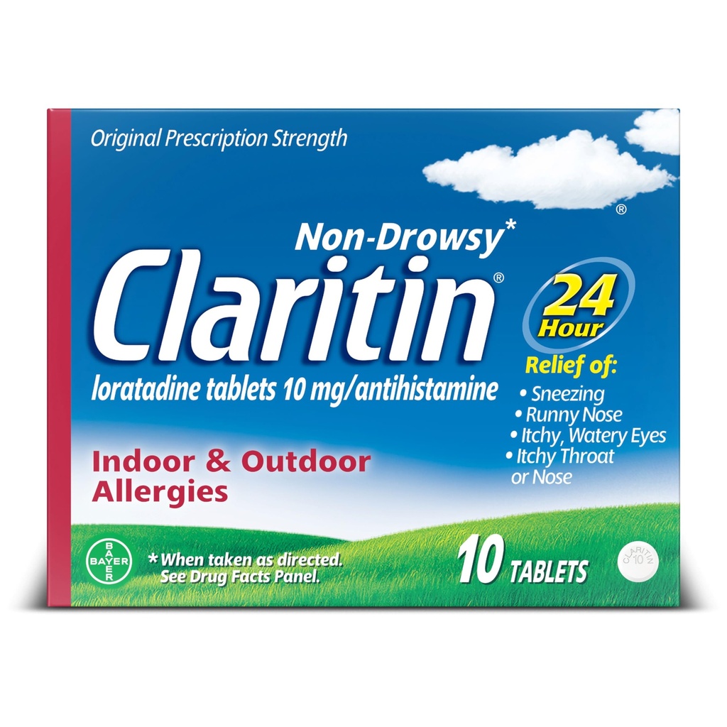 Claritina 24 HR Não Drowsy Alergy Medicine, Loratadina anti-histamínicos, 10 Ct