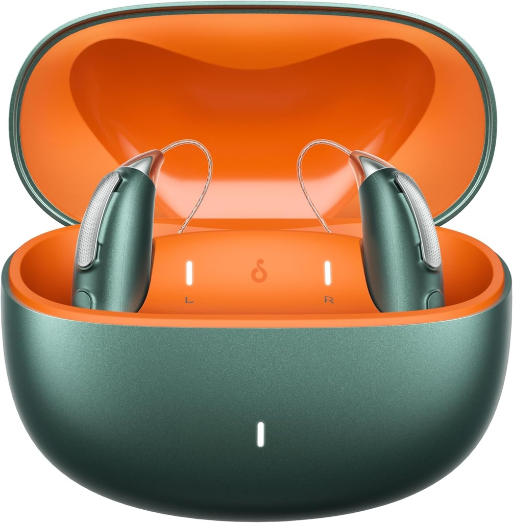 Aparelhos auditivos Bluetooth recarregáveis para perda auditiva leve a grave - OTC - Smart Fitting - RIC (Receiver-in-Canal) Design com redução de ruído - inclui caixa de carga, verde