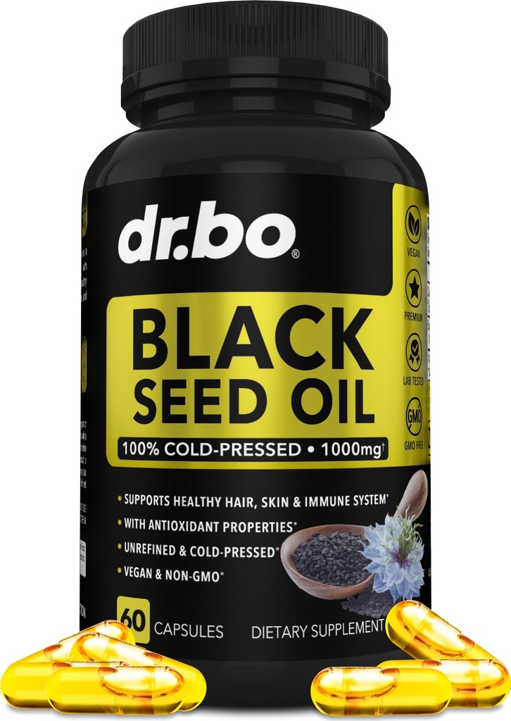 Black Seed Oil Cápsulas Vegan - Puro frio prensado Black Seed Oil Nigella Sativa Cumin para a saúde da pele e do cabelo, 500mg, 1000mg Por 2 Cápsulas servindo Blackseed Cápsulas líquidas Halal - 60 Softgels comprimidos