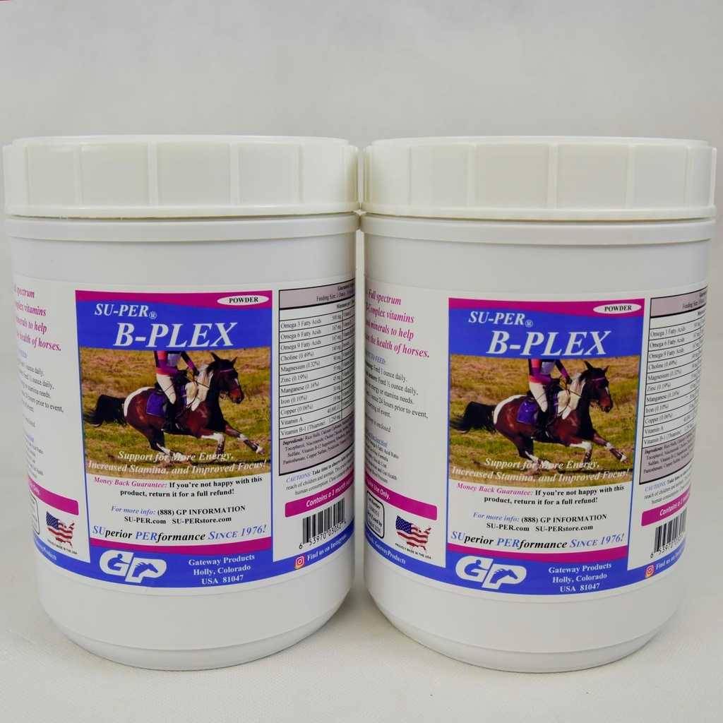 SU-PER B-Plex Powder Equinine Vitaminas - Completo B-Complex Horse Vitaminas e Minerais Suplemento - Hooves saudável, Células de sangue vermelho, Horse Calming Powder - 2,5 libras, (2 pacote)