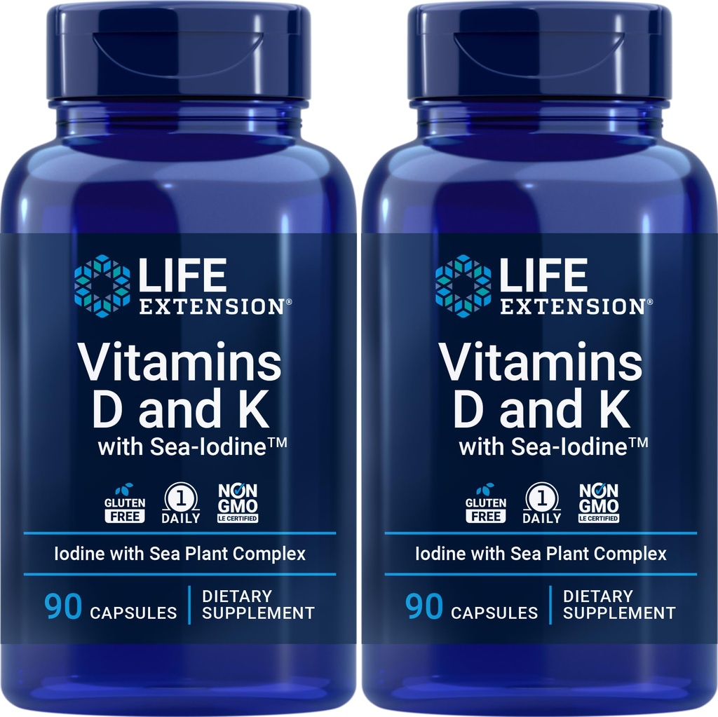 Vitaminas de Extensão de Vida D e K com Iodo Mar, 90 Cápsulas