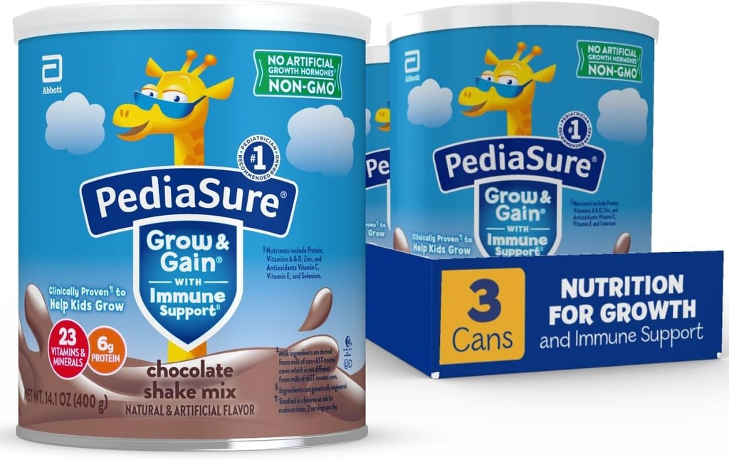 Pediasure crescer & ganhar com suporte imunológico Shake Mix pó, 23 vitaminas e minerais, 6g de proteína, não-GMO, sem glúten, chocolate, 14,1 oz lata, pacote de 3-24 porções