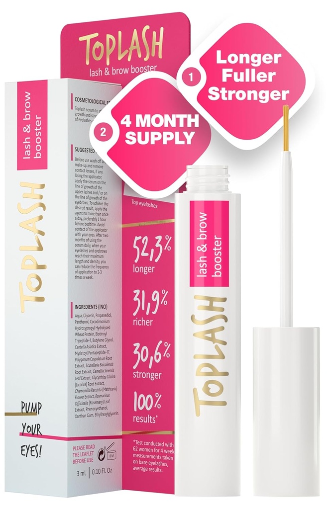 Soro de crescimento das pestanas TOPLASH - Fórmula inovadora para mais longo, espesso, Fuller Brows & Lashes - Natural, Cruelty-Free & Hypoallergenic - 0,10 fl.oz.