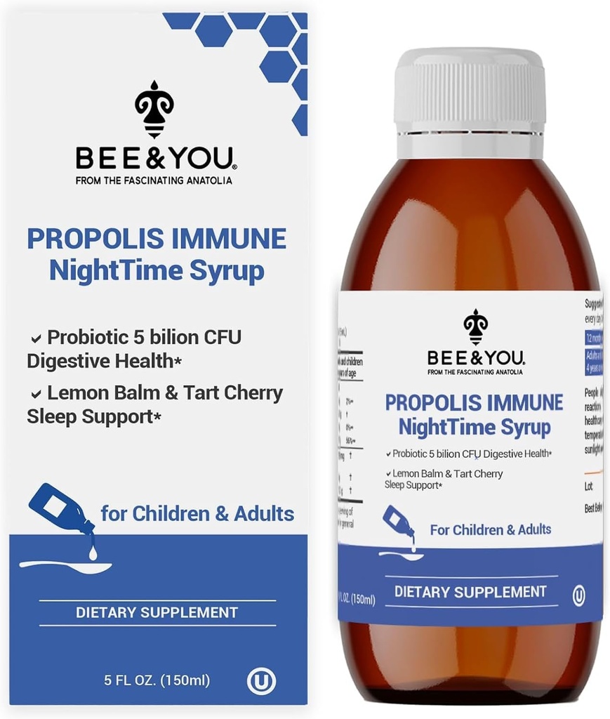 Bee and You Propolis Nighttime Syrup com Probiótico, Vitamina C e Elderberry - Fórmula Gentil para Adultos e Crianças, 5 Fl Oz