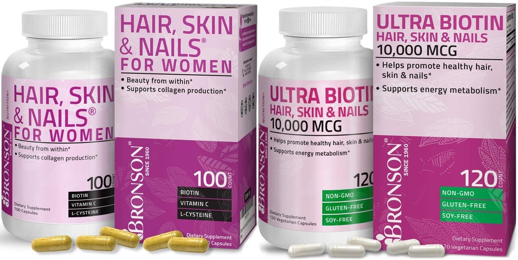 Cabelo Bronson, pele e unhas com Biotin Suplemento Vitamina de força extra para mulheres + Ultra Biotin 10.000 Mcg