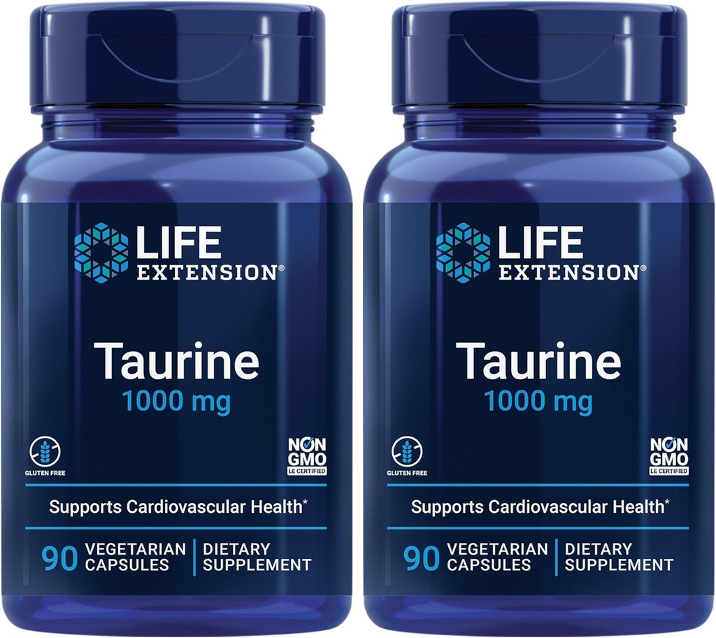 Extensão da vida Taurina, Pure Taurine Amino Acid Supplement, Heart, Fígado e Saúde do Cérebro, Longevidade, Músculo e Exercício, dose de 1000 mg, Não-GMO, Gluten-Free - Two Pack - 90 Cápsulas Vegetarianas x 2
