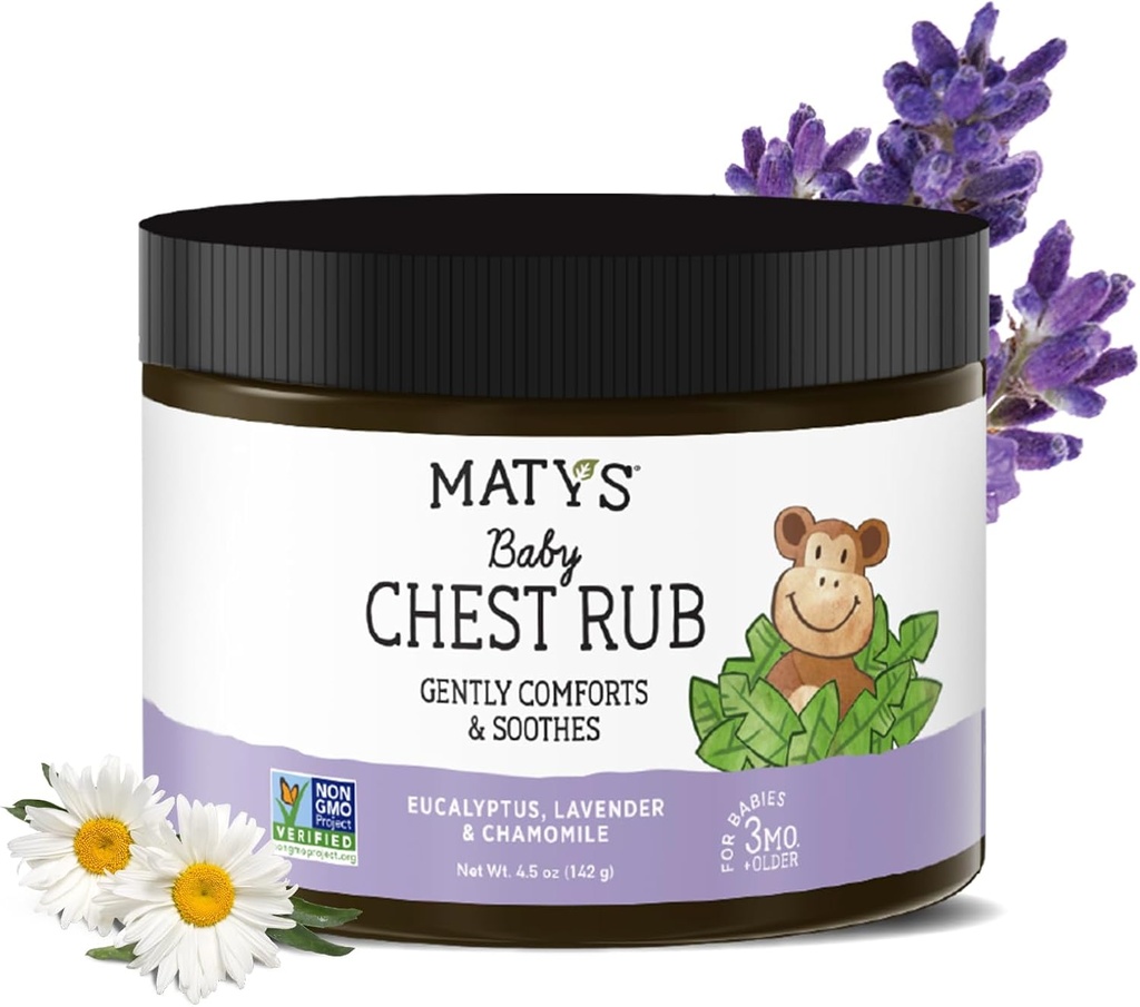 Matys Baby Chest Rub, calmante alívio de congestão Vapor Rub para bebês 3 meses de idade +, limpa e confortante Eucalyptus, lavanda, e camomila para dormir, não-GMO, livre de petróleo, menthol livre, 4,5 oz Tub