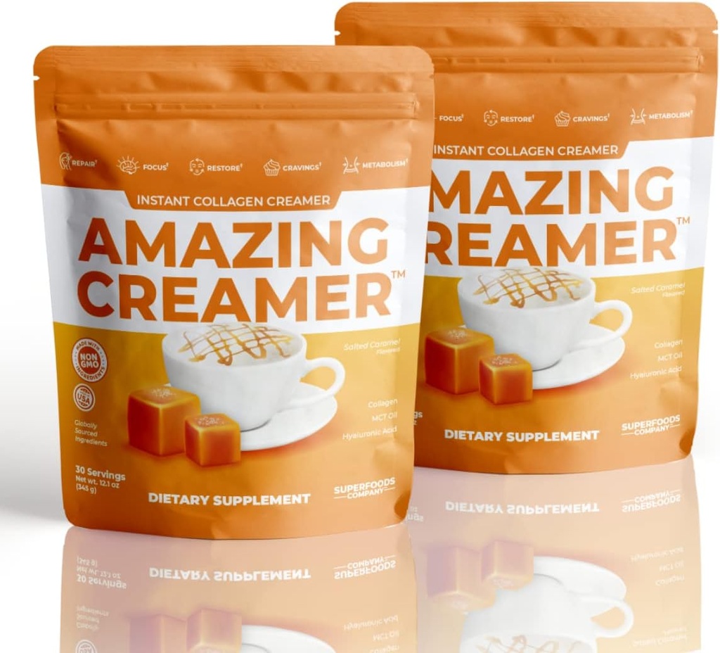 Superfoods Empresa Creamer incrível com colagénio - Keto Creamer-Hyaluronic Acid & MCT Oil - Brain Boost & Curbs Cravings - Suporta pele saudável & cabelo - Diet-Friendly [60 Servings] [Carmel salgado]