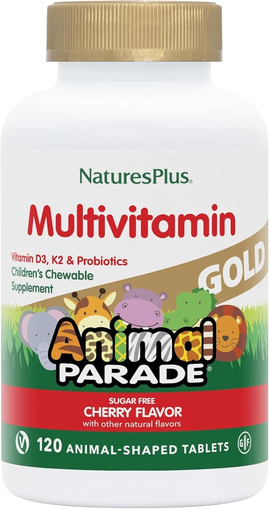 NaturezasPlus Animal Desfile Ouro Multivitamínico mastigável infantil - Natural Cherry Flavor - 120 Animal Shaped-Tablets, Pack of 2 - com Vitamina D3, K2 & Probióticos - 120 Total Servings
