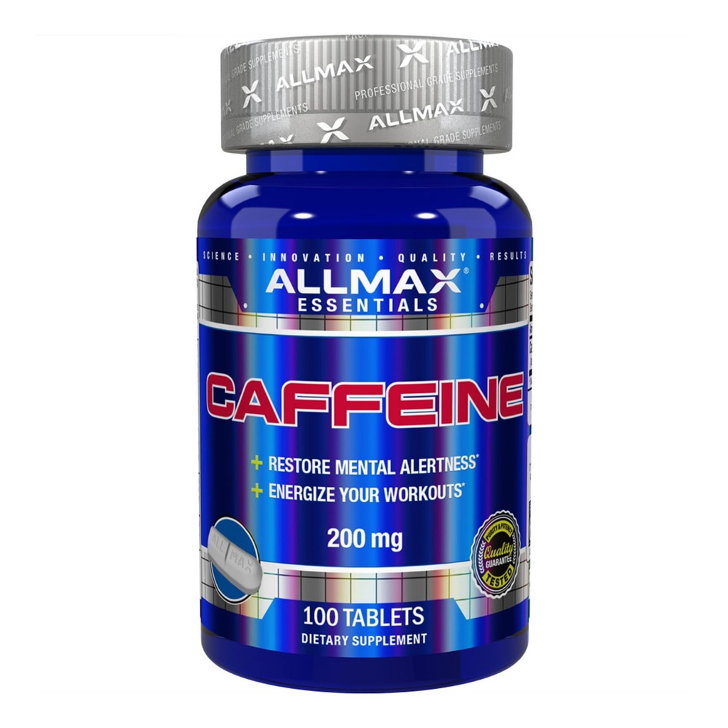 ALLMAX Nutrition Caffeine Pills, Sustained Energy & Pre - Treino Mental Focus, Absorção rápida & Vegan, 200 mg, 100 comprimidos