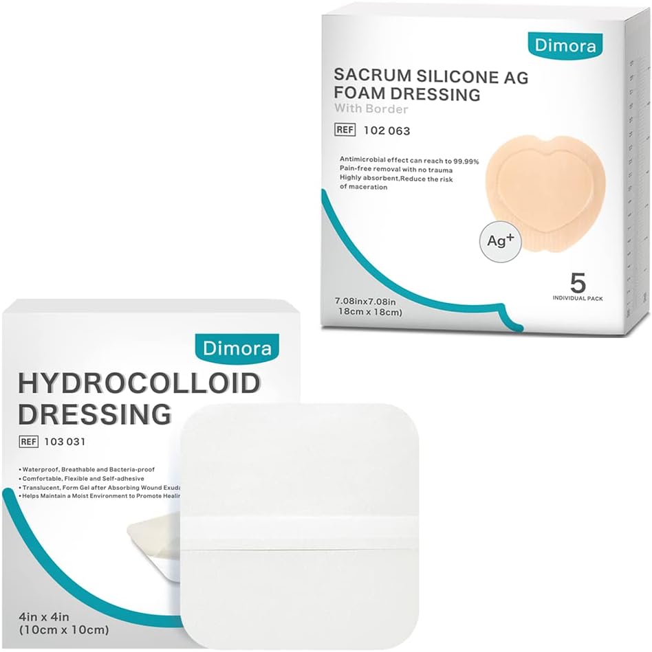 Dressing de ferida hidrocolóide, 10 pacote Ultra Thin 4" x 4" + Ag Silver Sacrum Foam Dressing Bandages Silicone Adhesive Border 7"x7"