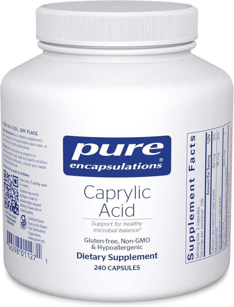 Encapsulamentos puros Ácido caprílico   , Suplemento para Gut e Saúde Digestiva, Equilíbrio GI, Suporte Gastrointestinal, e Saúde intestinal * 240 Cápsulas