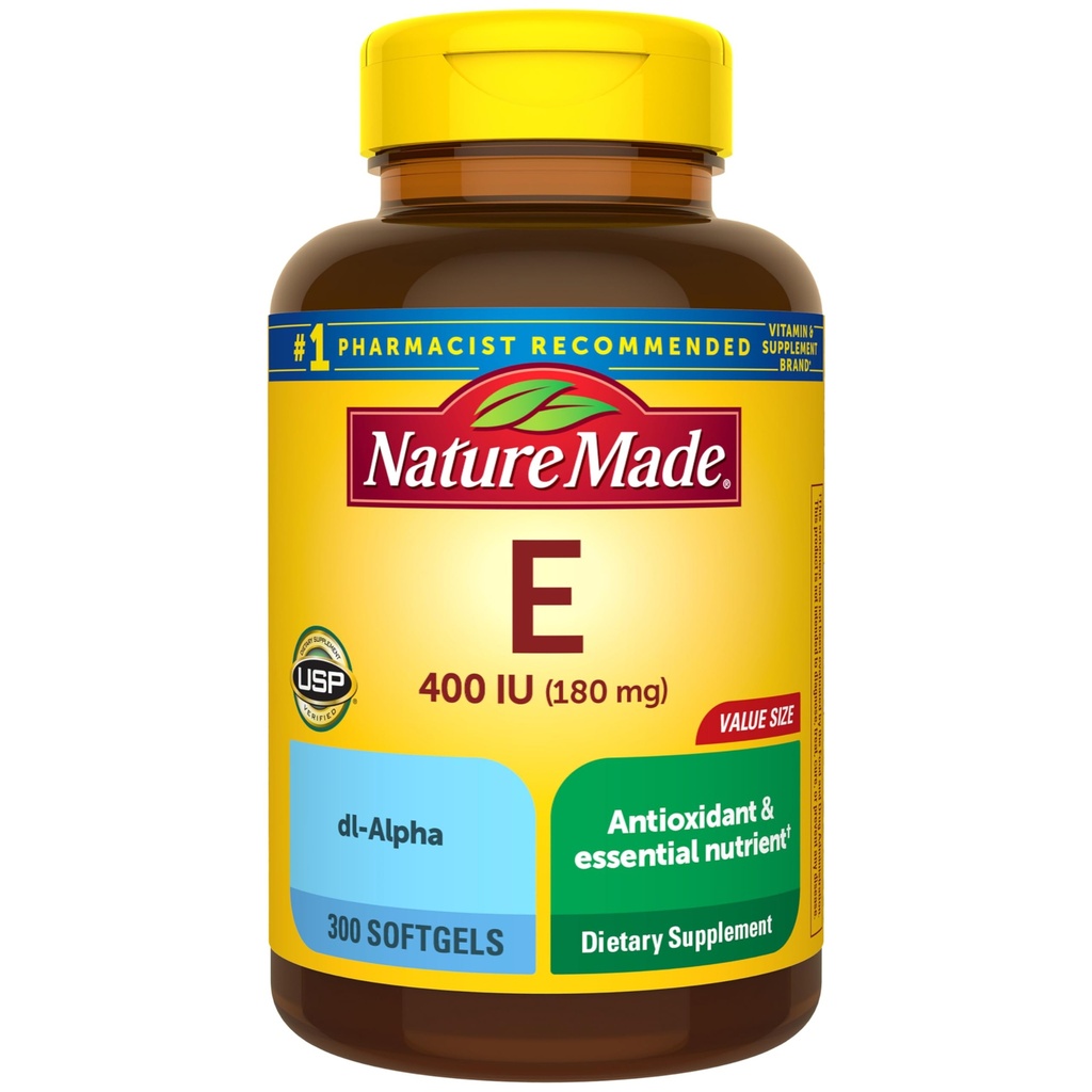 Nature Made Vitamina E 180 mg (400 UI) dl-Alpha, Suplemento dietético para Apoio Antioxidante, 300 Softgels, 300 dias de fornecimento