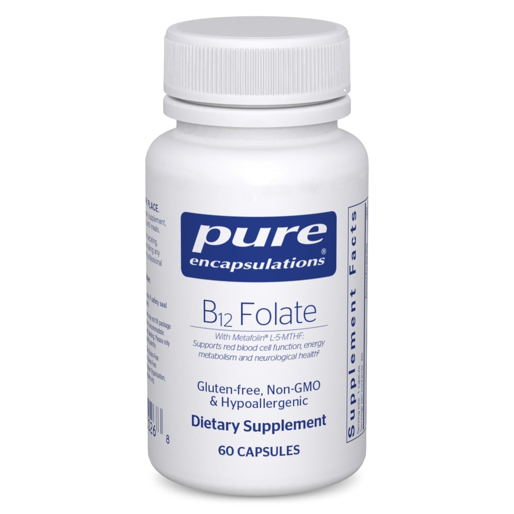 Encapsulamentos puros Folato B12 - Suplemento de energia para apoiar nervos, Metabolismo de energia e suporte cognitivo* - com Folato de vitamina B como Metafolin - 60 Cápsulas