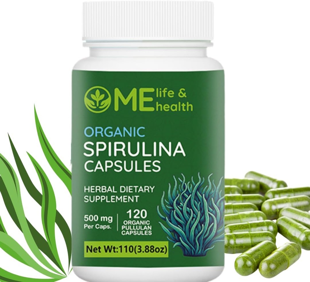 ME LIFE & SAÚDE espirulina cápsulas, 100% espirulina orgânica pó (120 ct) 500mg rico em proteína, vitamina A, B12 antioxidantes e vitaminas, Vegan, natural e pura espirulina não-GMO e glúten livre