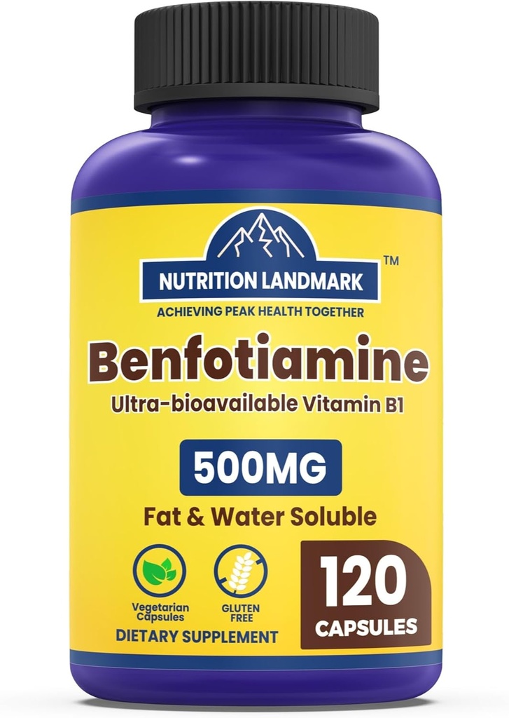 Benfotiamina, 500 mg, uma forma lipossolúvel de tiamina, metabolismo saudável, vitamina B1, ultra-biodisponível de alta potência, sem glúten, não-GMO, vegetariano, 120 cápsulas