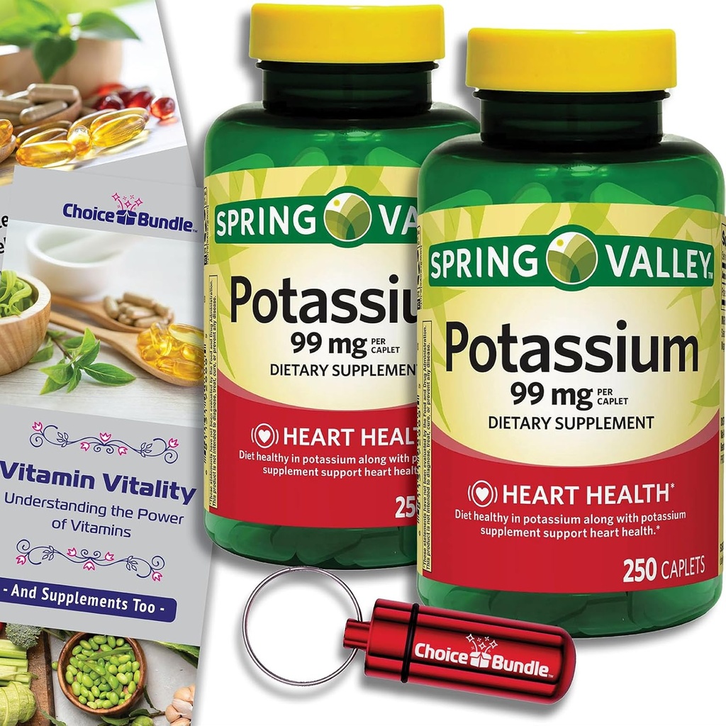 Escolha Pacote Primavera Vale Potássio Coração Saúde Suplemento dietético Caplets 99 mg 250 CT 2 pk (500 Total) + Guia de Vitamina Vitalidade & Keychain Pill Container (4 itens)!