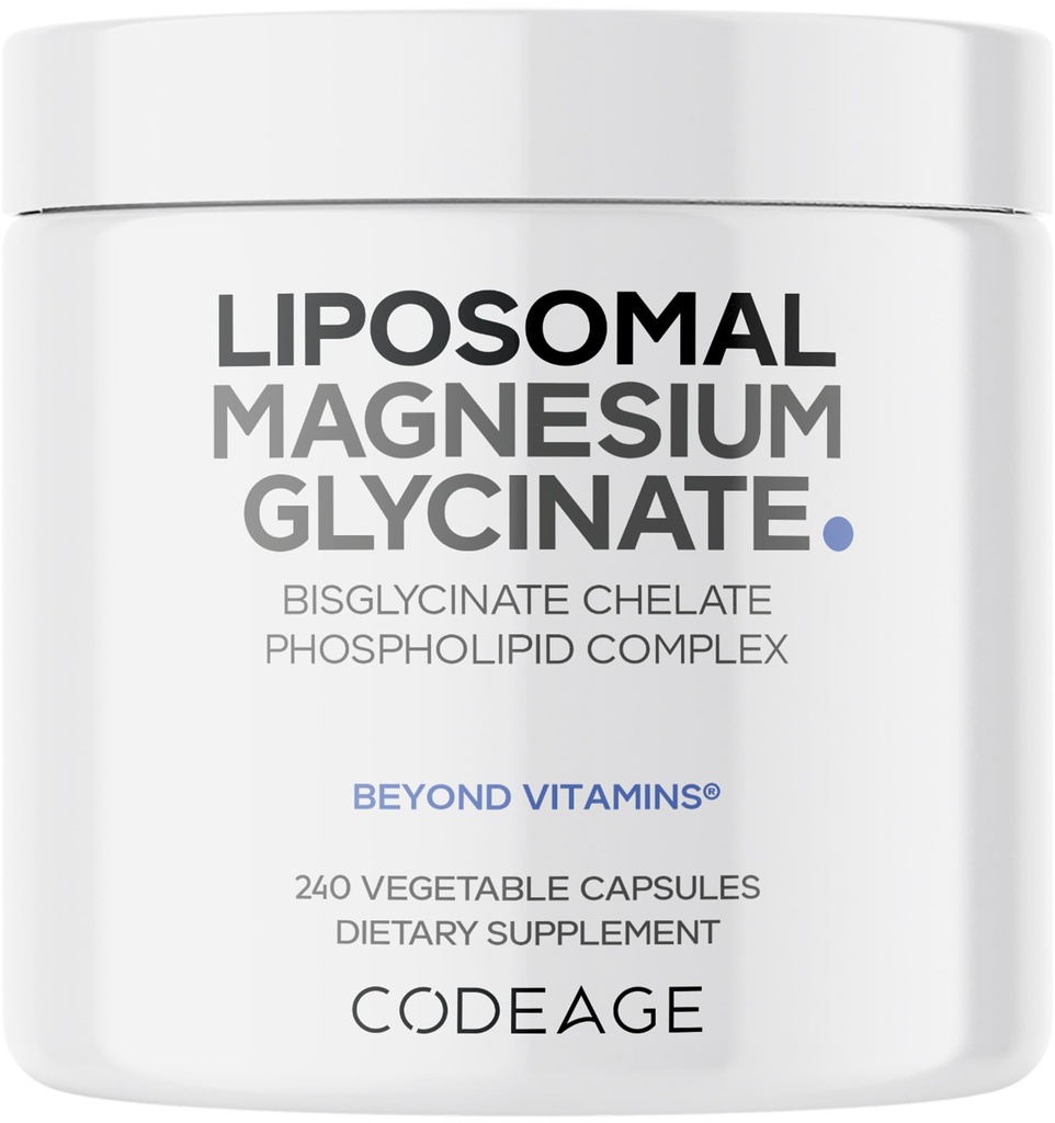 Codeage Suplemento de magnésio lipossômico, 2 meses de fornecimento, Quelato de magnésio de bisglicinato, Pílulas minerais de magnésio quelado, BioPerine Black Pepper Vitaminas Cápsulas, Não-GMO Vegan, 240 ct