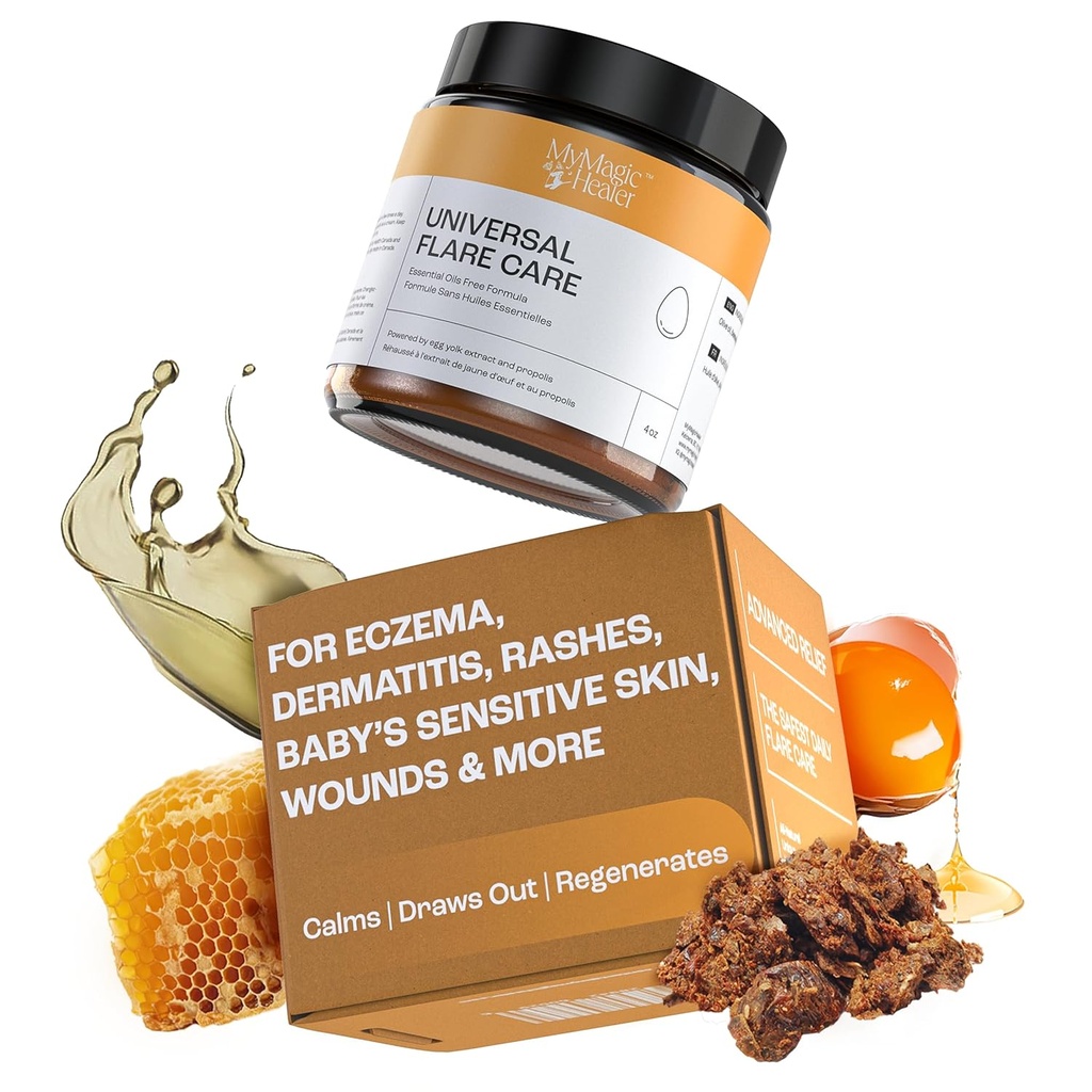 MyMagicHealer Universal Flare Care (Livre de Óleo Essencial) Alivio para erupções cutâneas, Eczema, Psoríase, Hidradenite Supurativa, Impetigo, Dermatite, Cuidado com Feridas, Pele sensível w/ Própolis & Yolk ovo 4 onças